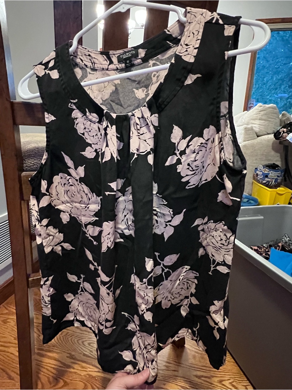 Talbots Black Sleeveless Blouse with Light Pink Floral Print